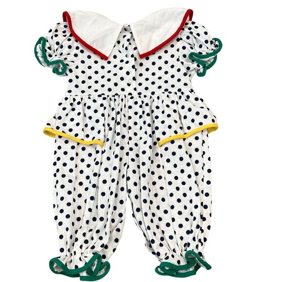 Vintage Baby Girl Polka Dot Bubble Romper Sailor Collar Red Bow Floral Embroider - Picture 2 of 5